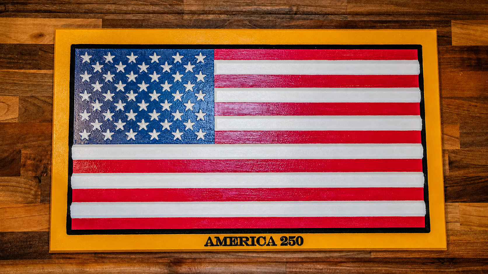 Finished personalized CNC American flag painted red, white, blue, black, and yellow